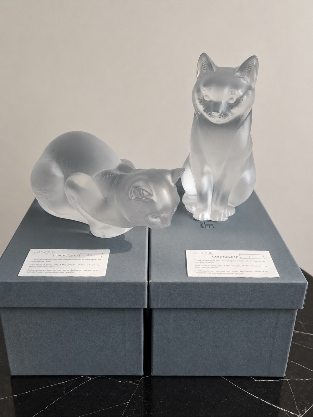 Authentic Lalique Crystal Cats Pair w/ Original Boxes & Receipt